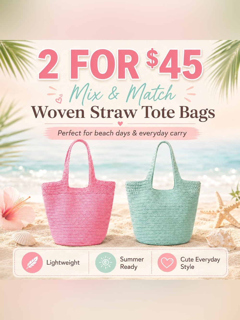 Woven Straw Tote Bag - Pink & Mint